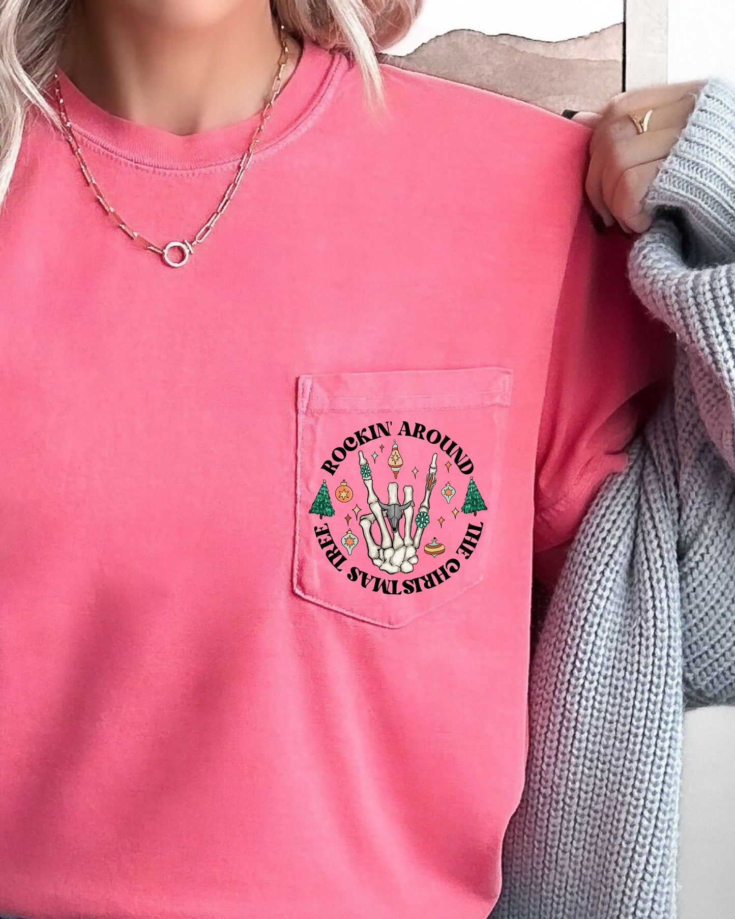 Rockin Around The Christmas Tree, Skeleton, Pocket, Winter, Snow, Santa, Xmas Pocket Tee Comfort Colors T-Shirt