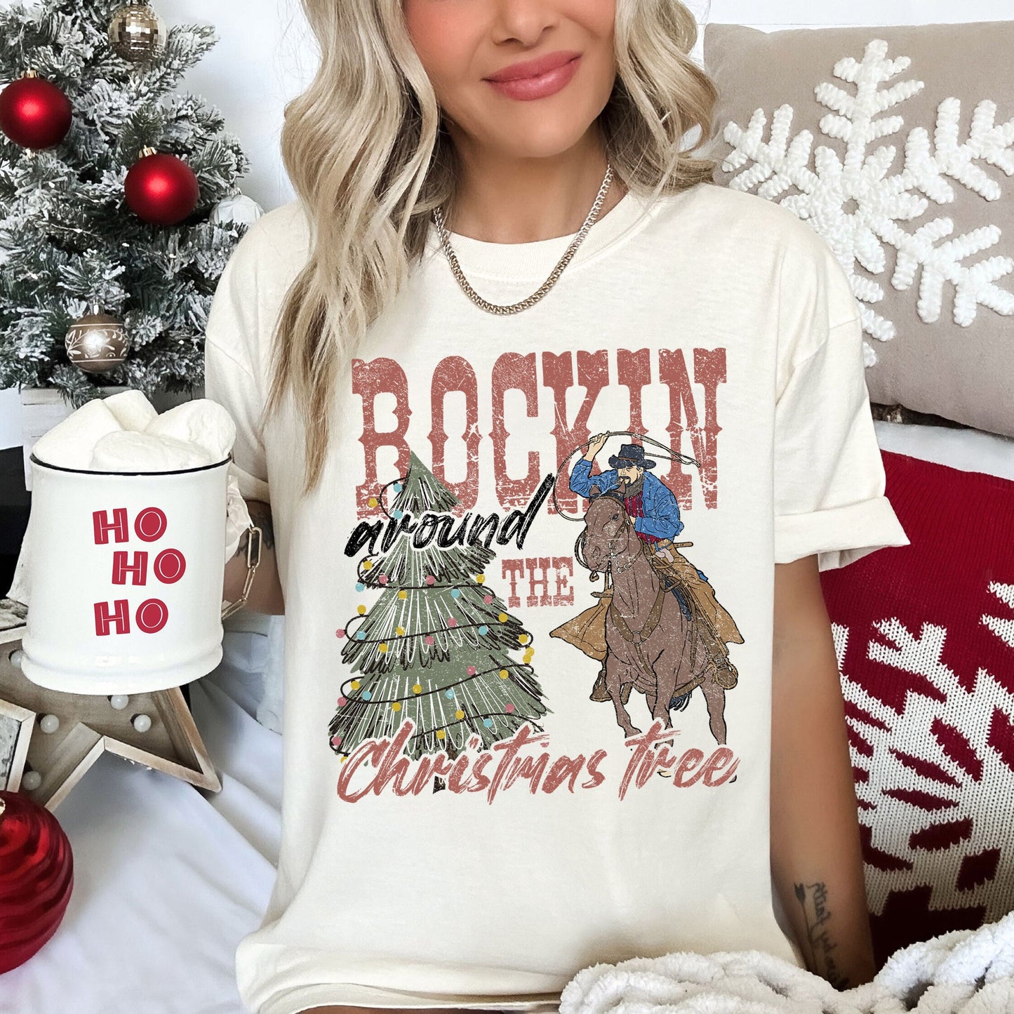 Rocking Around The Christmas Tree, Big Western, Country, Cowboy, Cowgirl, Comfort Colors Tshirt