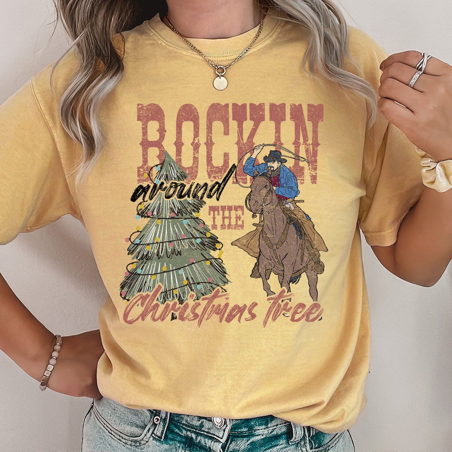 Rocking Around The Christmas Tree, Big Western, Country, Cowboy, Cowgirl, Comfort Colors Tshirt
