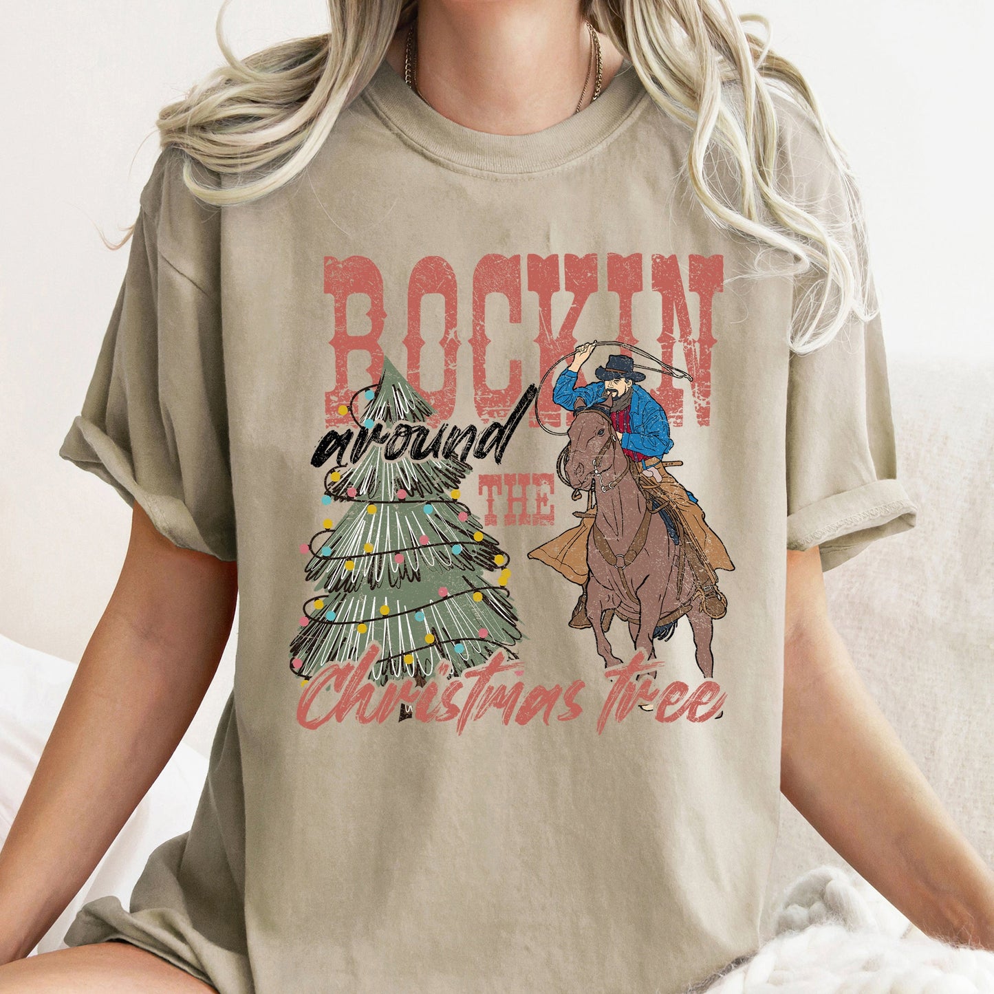 Rocking Around The Christmas Tree, Big Western, Country, Cowboy, Cowgirl, Comfort Colors Tshirt