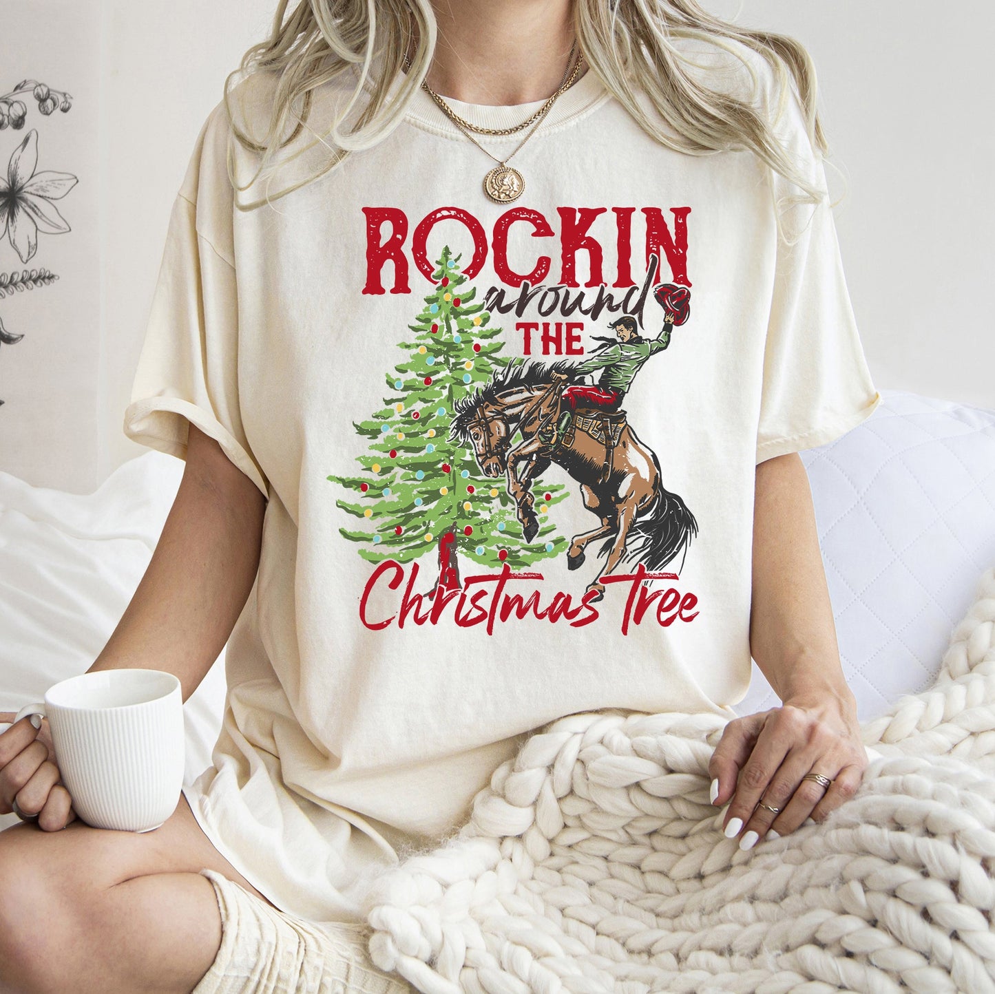 Rocking Around The Christmas Tree, Cowboy, Horse, Rodeo, Comfort Colors Tshirt