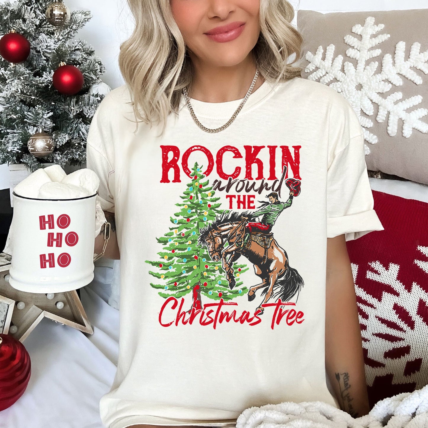 Rocking Around The Christmas Tree, Cowboy, Horse, Rodeo, Comfort Colors Tshirt