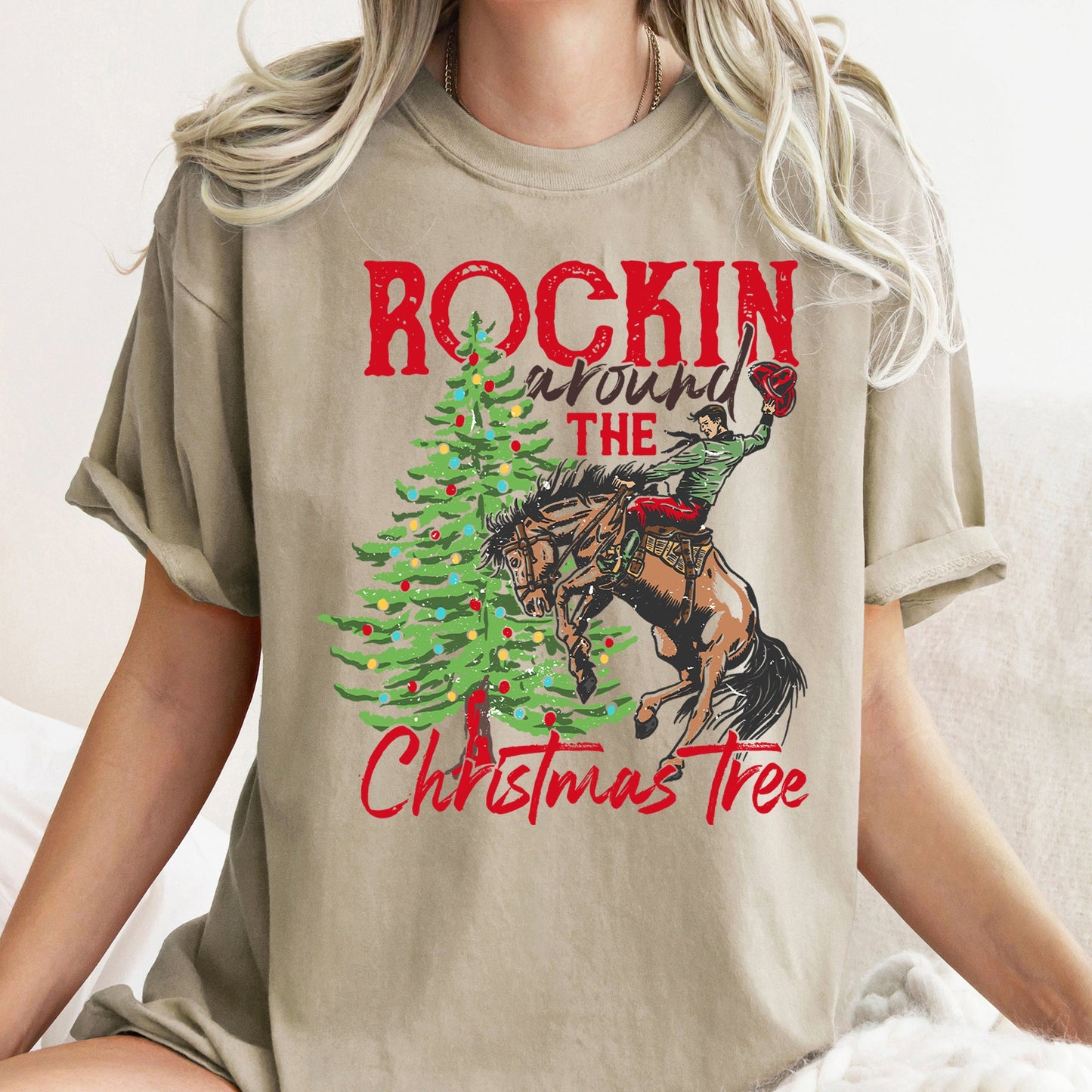 Rocking Around The Christmas Tree, Cowboy, Horse, Rodeo, Comfort Colors Tshirt