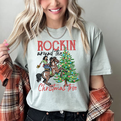 Rocking Around The Christmas Tree, Cowboy, Horse, Rodeo, Comfort Colors Tshirt
