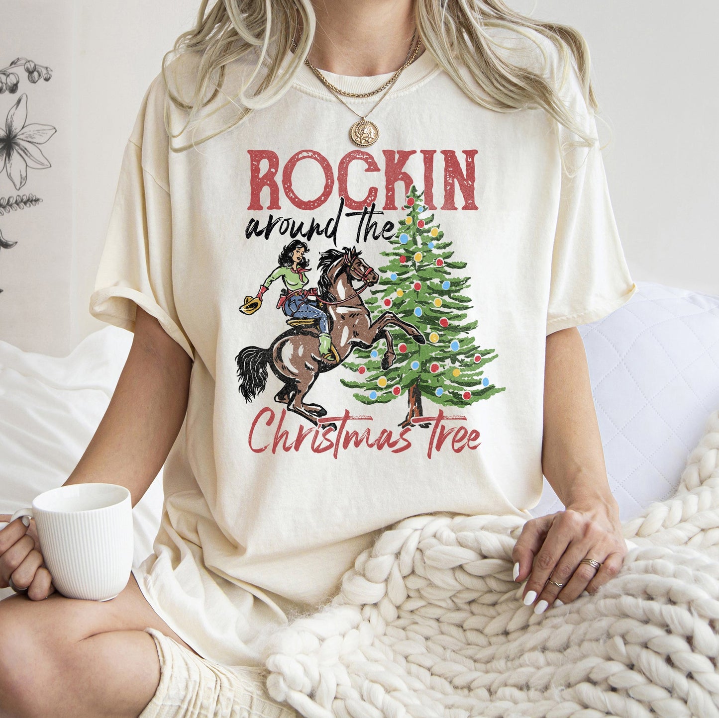 Rocking Around The Christmas Tree, Cowboy, Horse, Rodeo, Comfort Colors Tshirt