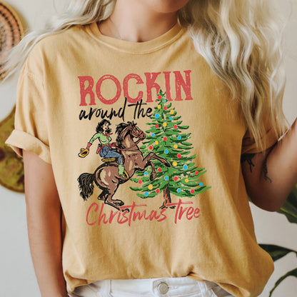Rocking Around The Christmas Tree, Cowboy, Horse, Rodeo, Comfort Colors Tshirt
