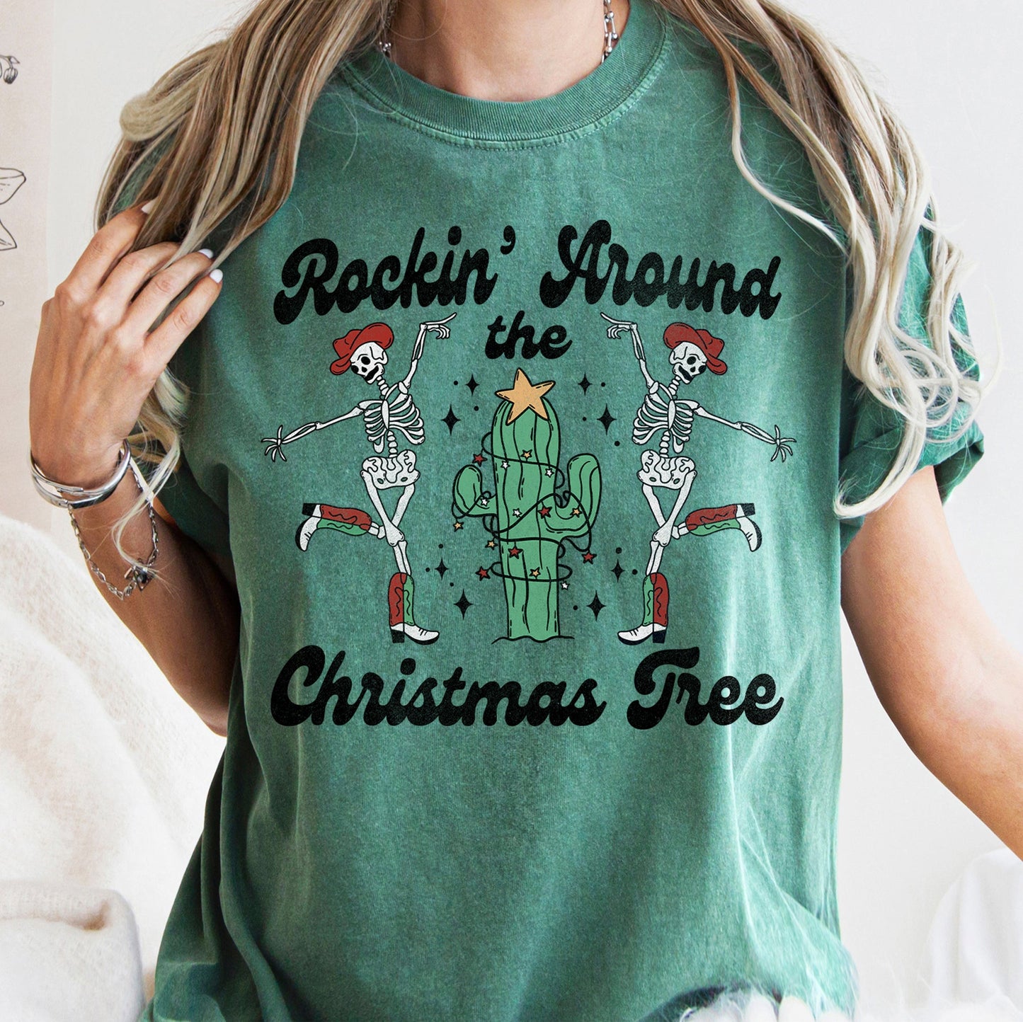 Rocking Around The Christmas Tree, Desert, Cactus, Dancing Skeletons, Comfort Colors Tshirt