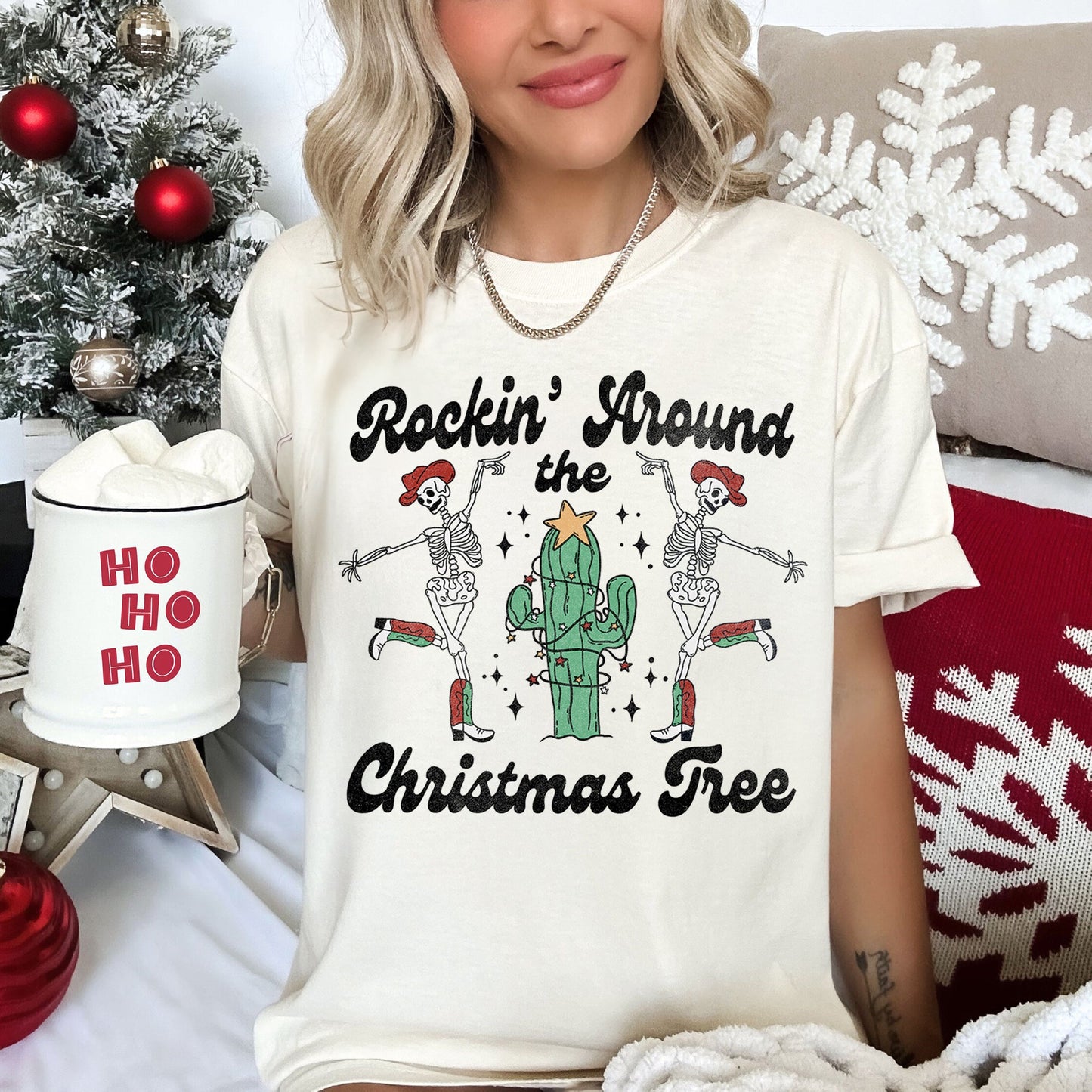 Rocking Around The Christmas Tree, Desert, Cactus, Dancing Skeletons, Comfort Colors Tshirt