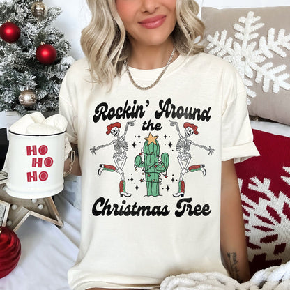 Rocking Around The Christmas Tree, Desert, Cactus, Dancing Skeletons, Comfort Colors Tshirt