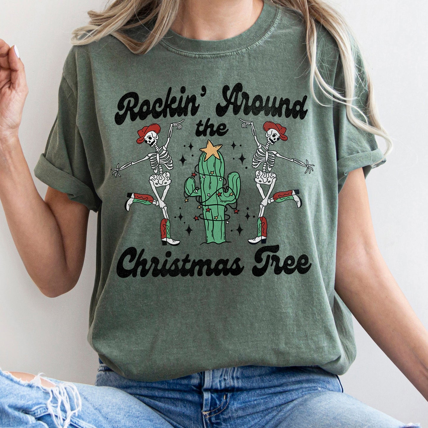 Rocking Around The Christmas Tree, Desert, Cactus, Dancing Skeletons, Comfort Colors Tshirt
