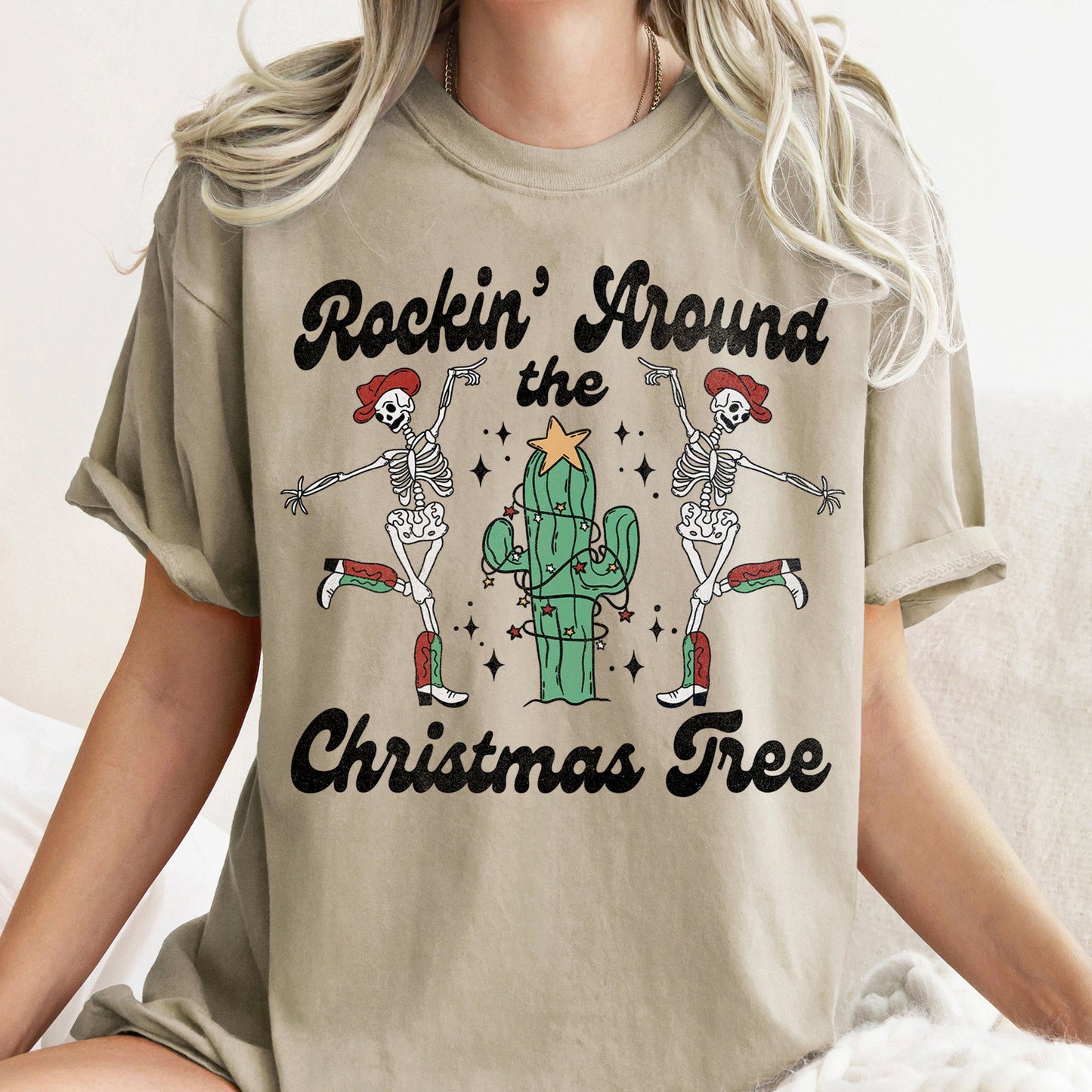 Rocking Around The Christmas Tree, Desert, Cactus, Dancing Skeletons, Comfort Colors Tshirt