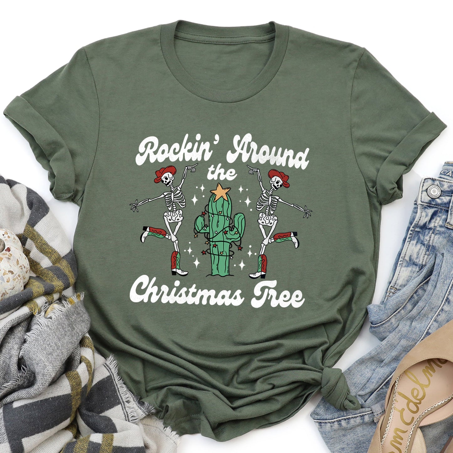 Rocking Around The Christmas Tree, Desert, Cactus, Dancing Skeletons Super Soft Tees