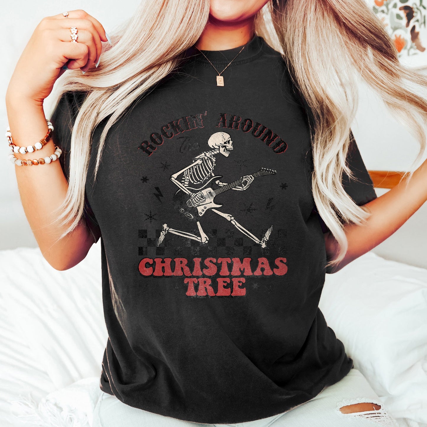 Rocking Around The Christmas Tree, Skeleton, Retro, Rock And Roll, Comfort Colors Tshirt