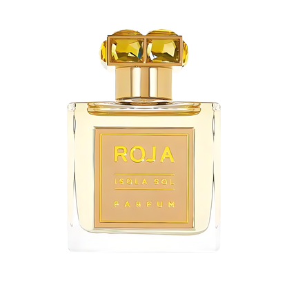 Perfume bottle with gold cap and 'ROJA' branding on a white background