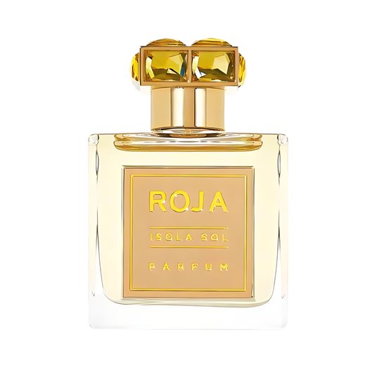 Perfume bottle with gold cap and 'ROJA' branding on a white background