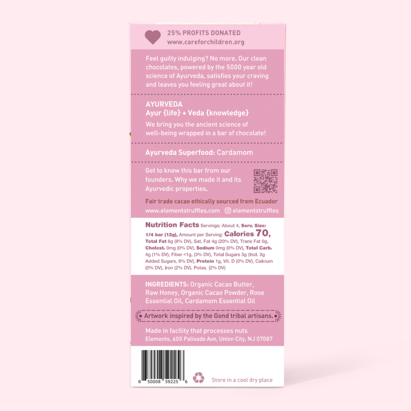 Pink label with text and nutrition facts on a white background
