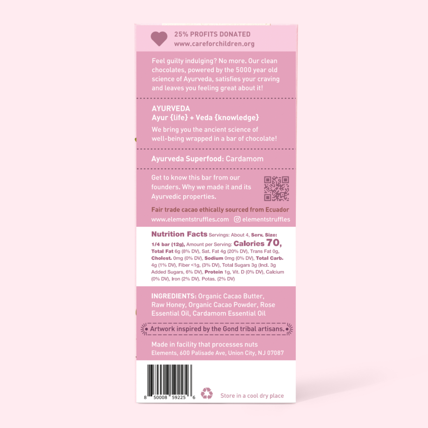 Pink label with text and nutrition facts on a white background