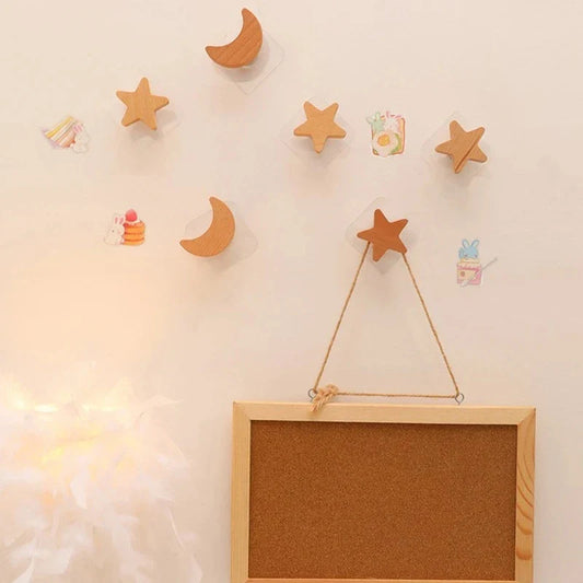 1Pc Star Moon Wooden Hook Multi-Purpose Key Holder Coat Storage Rack Wall Self Adhesive Hook Children Room Decoration Gadgets