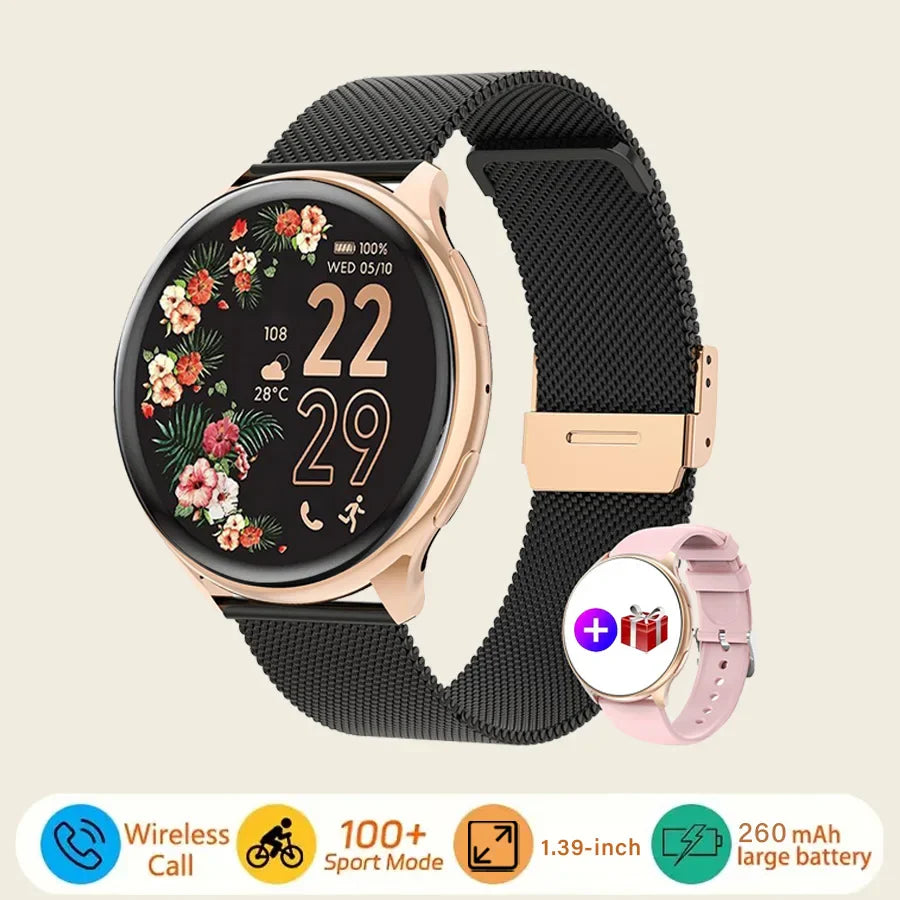 Smart watch for women, always-on display, IP67, fitness tracker with sleep monitoring/menstrual cycle, black gold
