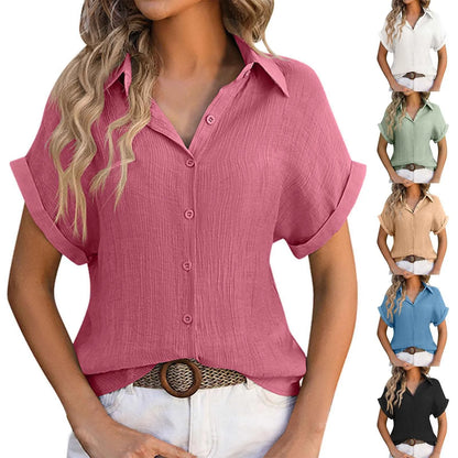 Summer Solid Color Shirts Women Cotton Linen Rolled Up Short Sleeve Slim Fit Tops Mujer Beach Style Leisure Buttons Up Blouse