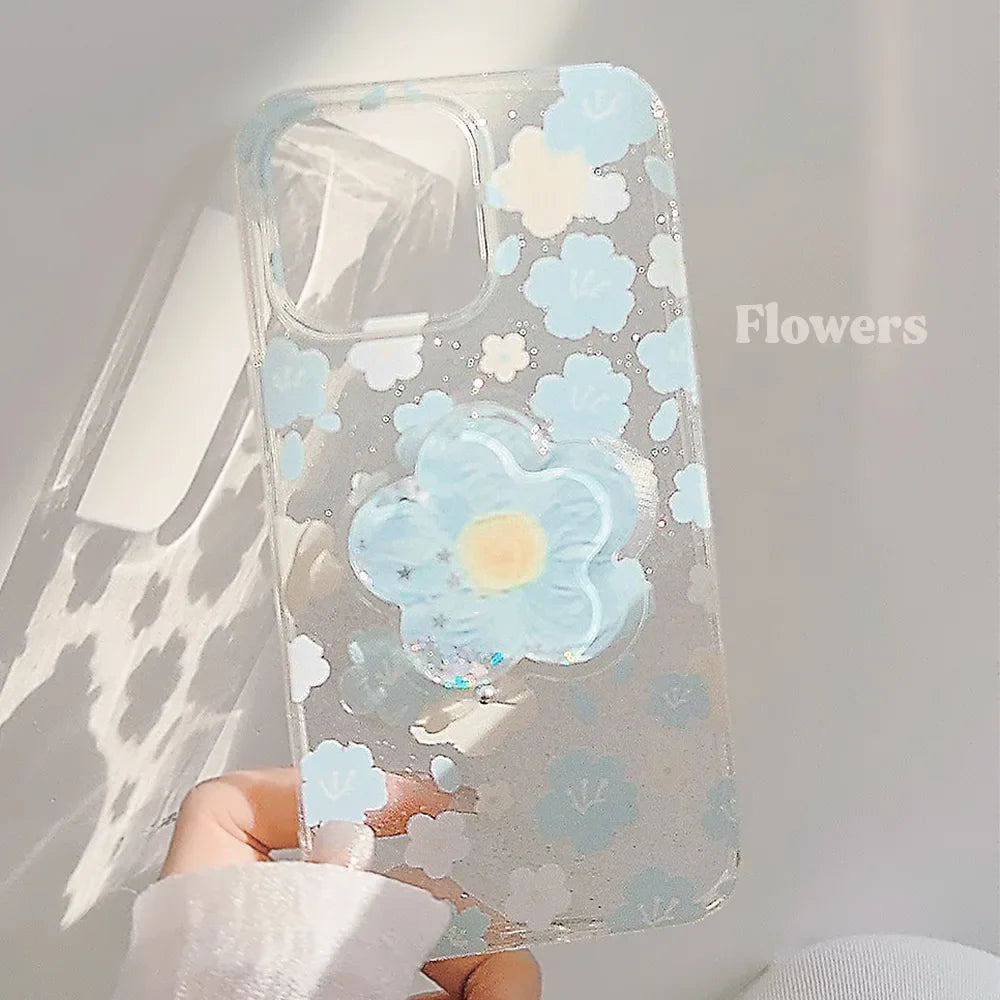 Luxury Clear Glitter Flower With Bracket Holder Phone Case