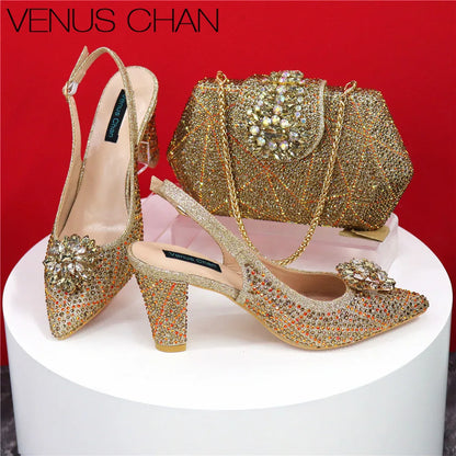 Italian Shoe and Bag Set With Decorated with Rhinestone