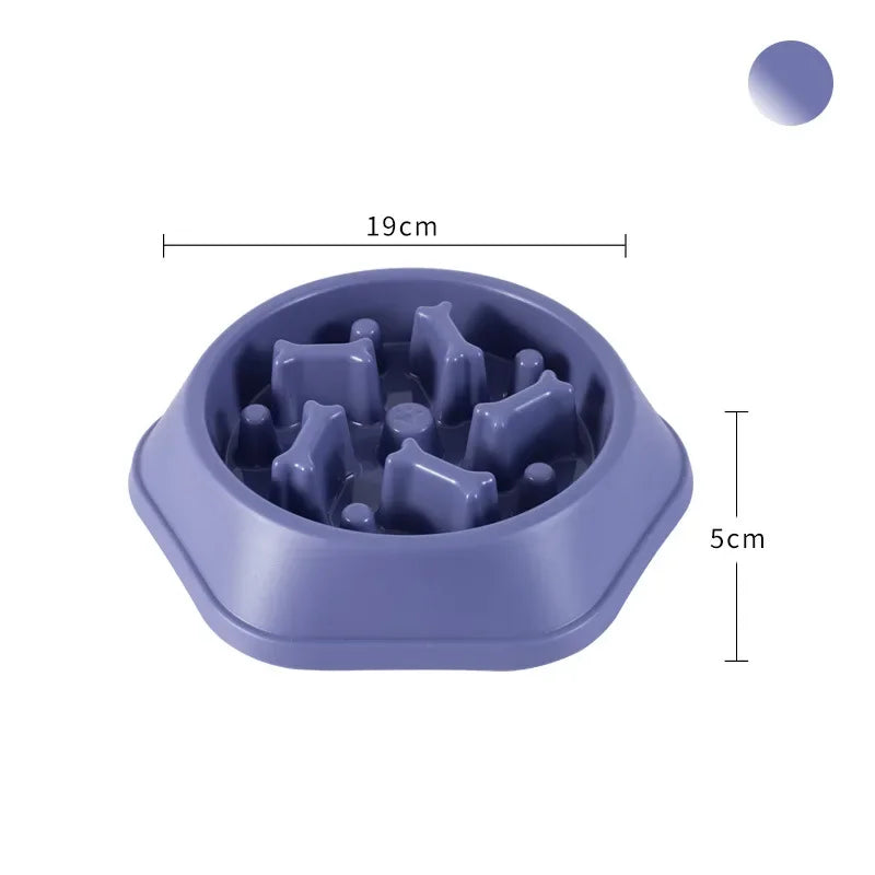 Purple pet slow feeder with dimensions on a white background