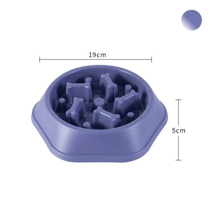 Purple pet slow feeder with dimensions on a white background