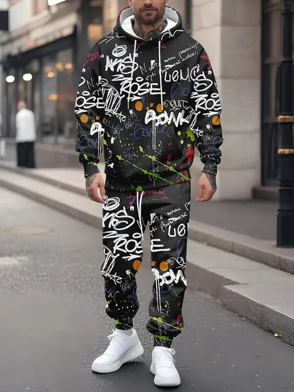 The new men's hoodie set for Spring and Autumn 2025 features a casual fashionable and comfortable 3D graffiti pattern print