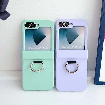 Colorful Matte With Grip Ring Case For Samsung Galaxy Z Flip 6 5 4 3 ZFlip6 ZFlip5 Finger Buckle Solid Color Shockproof Cover