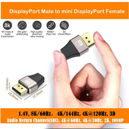 Mini DisplayPort to DisplayPort Adapter 8K60Hz DP2.1 Female to MiniDP Male Bi-Directional Connector for Laptop PC Gaming Monitor