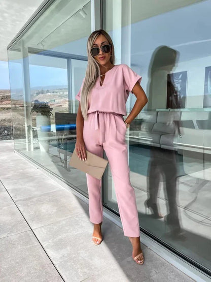 Women's Summer Jumpsuit Solid Color Short Sleeve V-neck Pocket Lace-up Pencil Long Pants