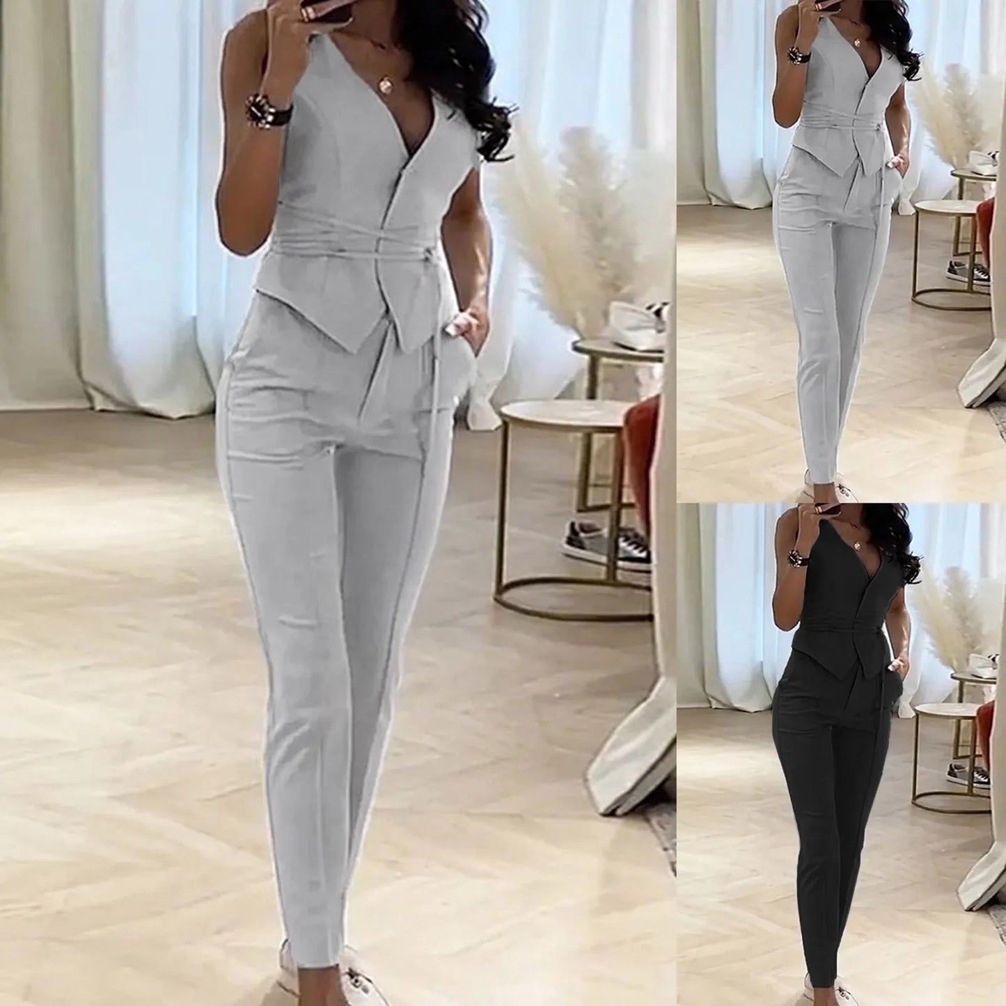 Elegant Pantsuit Set 2 Piece Solid V-Collar Top and Trousers for Women's Fashion Streetwear Summer Outfit
