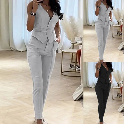 Elegant Pantsuit Set 2 Piece Solid V-Collar Top and Trousers for Women's Fashion Streetwear Summer Outfit