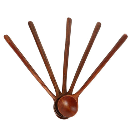 Korean Style 5 Pcs Long Spoons Wooden 10.9 inches 100% Natural Wood  Handle Round  for Soup Cooking Mixing Stirrer