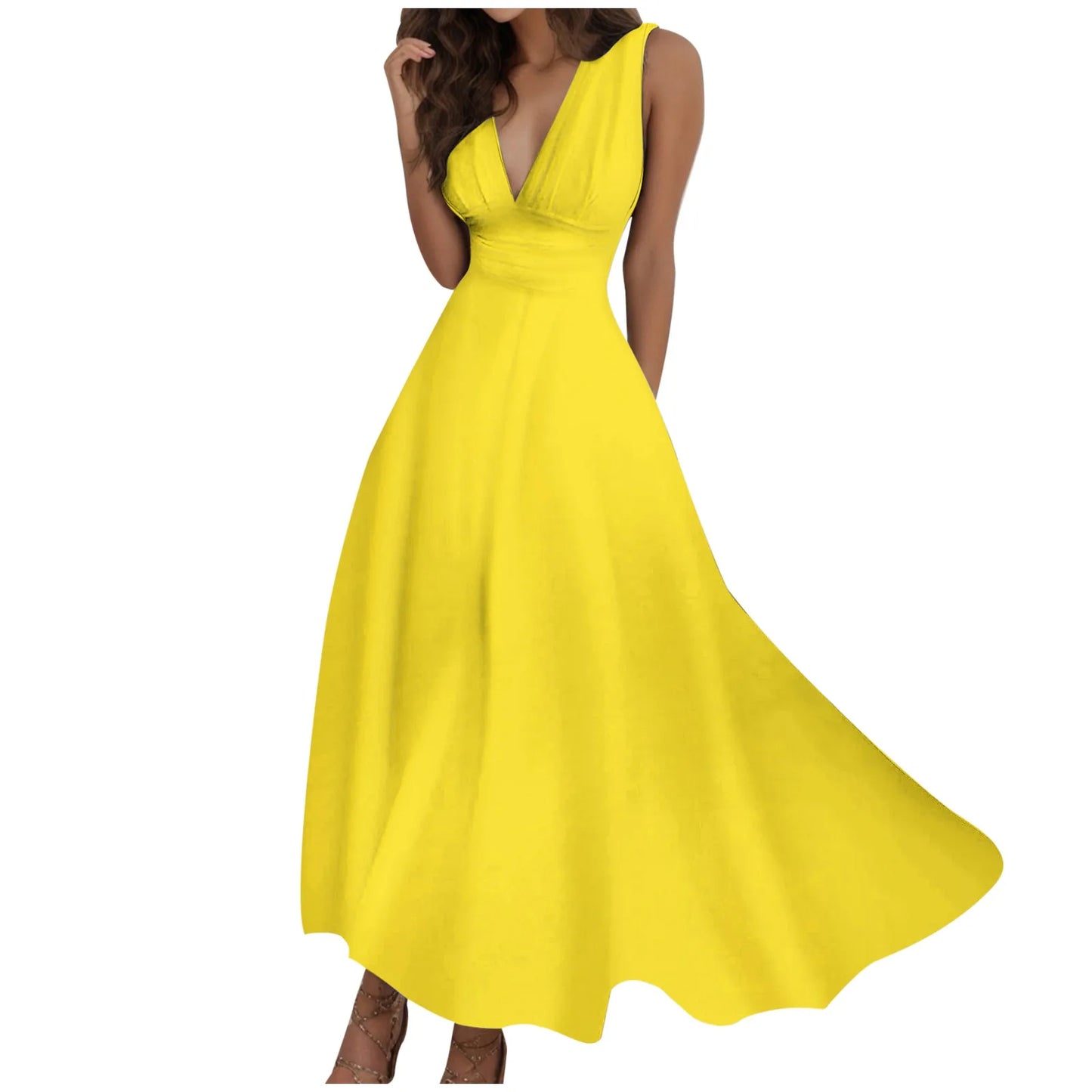Women's Casual Sundress Solid Color Sleeveless V Neck Side Zipper Long Dress Elegant Sundress