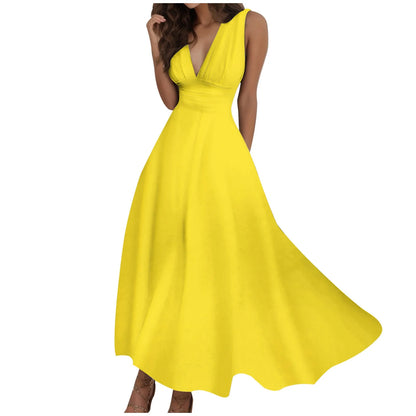 Women's Casual Sundress Solid Color Sleeveless V Neck Side Zipper Long Dress Elegant Sundress
