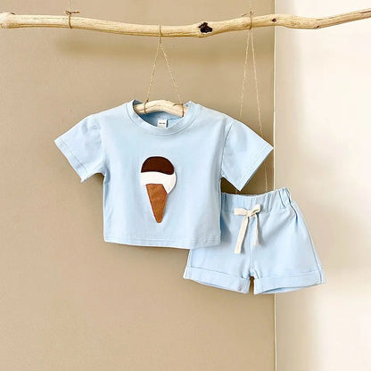 Baby Outfit Set for Newborns -Summer Ice Cream Print round Baby Outfit SeNeck T-shirt Sports Shorts 2PCS  Combo Unisex 0-3 Years