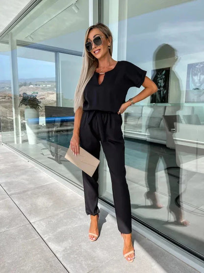 Women's Summer Jumpsuit Solid Color Short Sleeve V-neck Pocket Lace-up Pencil Long Pants
