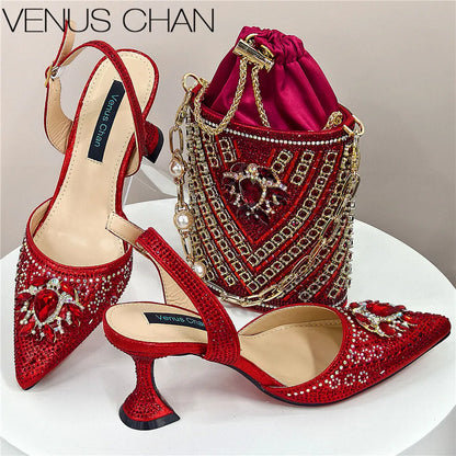 Women Shoes and Bag Set With Rhinestone Handbag