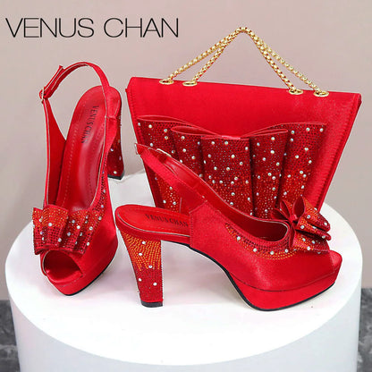 Hot Peep Toe Square Heel Ladies Shoes Matching Bag Set