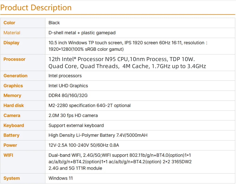 10.5" Handheld Gaming PC - Intel N95, 16GB RAM, Detachable Gamepad