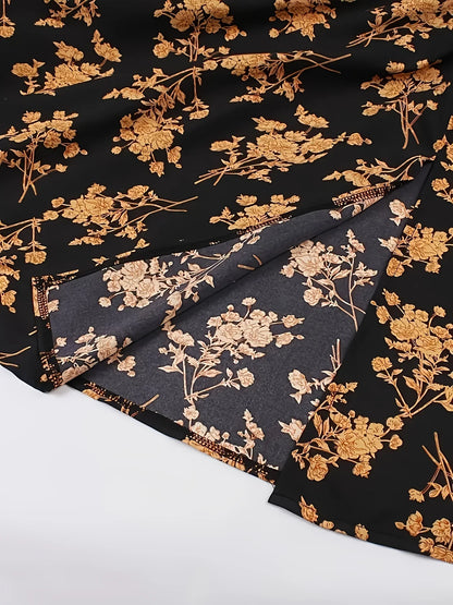 European and American Fashion Flower Print A-Line Dress with Shoulder Ties and Slit