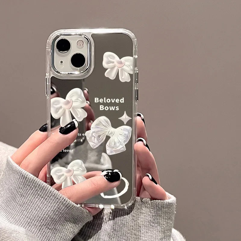 Cute Bow Luxury Plating Make Up Mirror Cover Phone Case