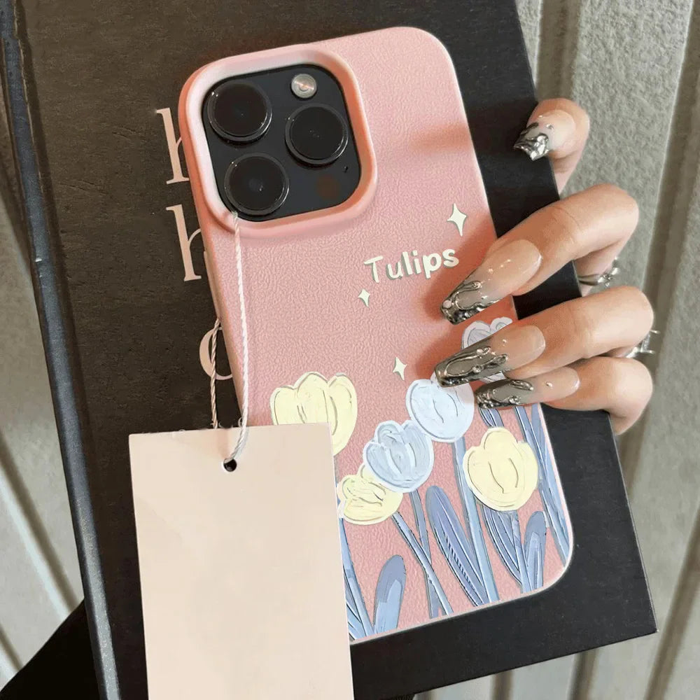 Tulip Flower Matte Candy Color Soft Leather Back Cover Funda Phone Case