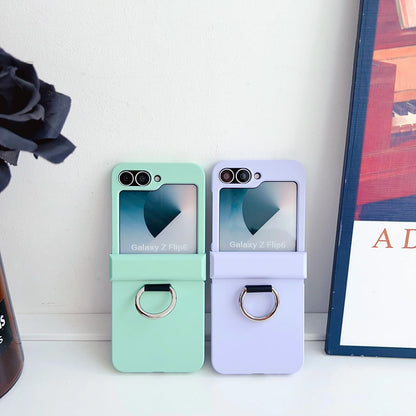 Colorful Matte With Grip Ring Case For Samsung Galaxy Z Flip 6 5 4 3 ZFlip6 ZFlip5 Finger Buckle Solid Color Shockproof Cover