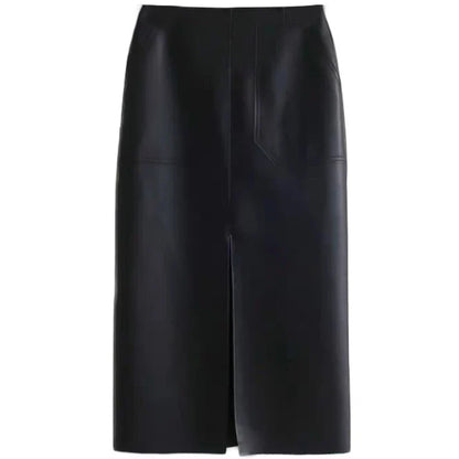 Slim Straight Faux Leather Skirt Women Chic Split Design Fashion