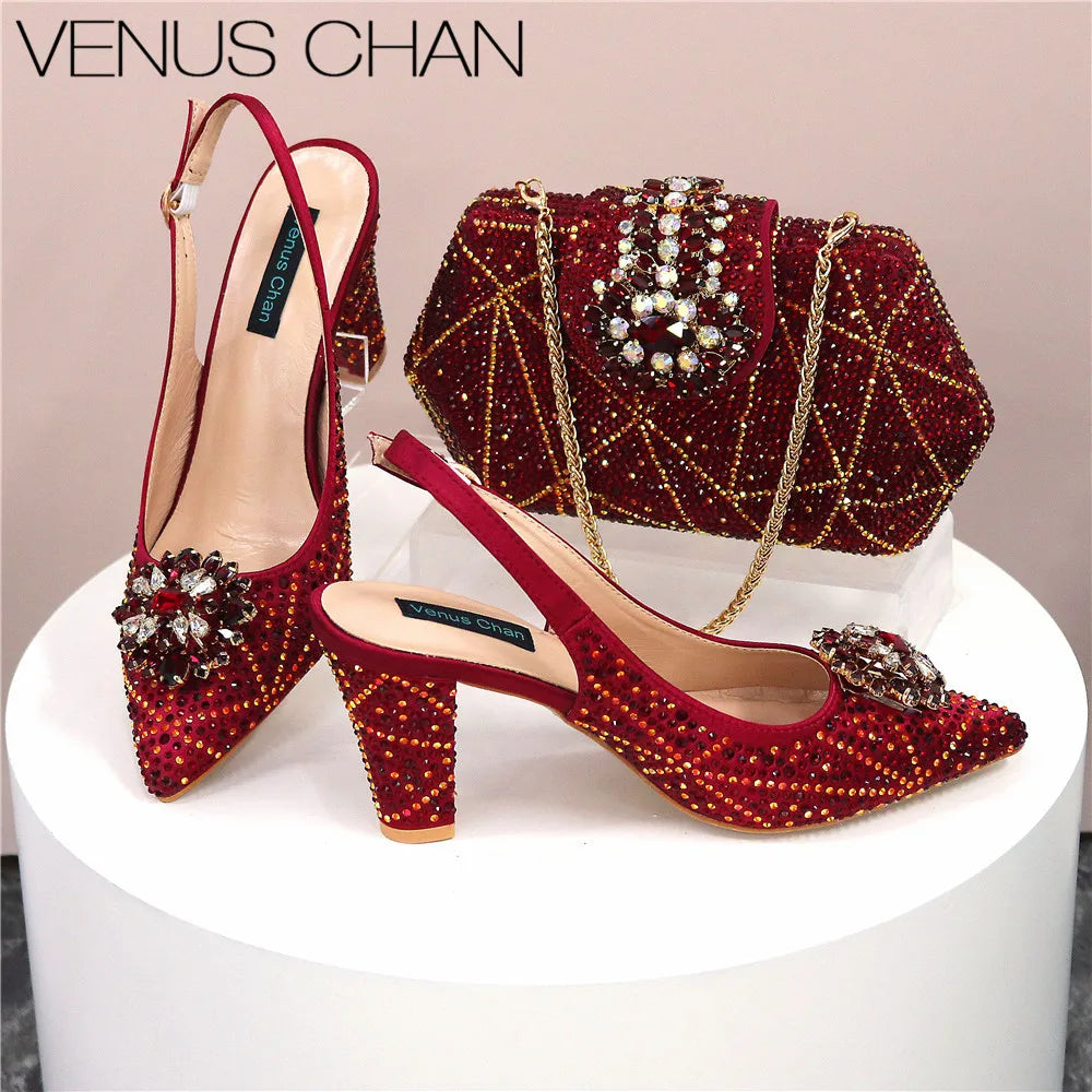Italian Shoe and Bag Set With Decorated with Rhinestone