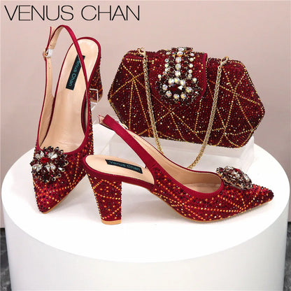 Italian Shoe and Bag Set With Decorated with Rhinestone