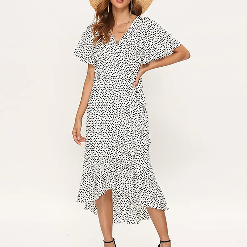 Summer Beach Maxi Dress Women Floral Print Boho Long Chiffon Ruffles Wrap Casual V-Neck Split Sexy Party Robe Femme
